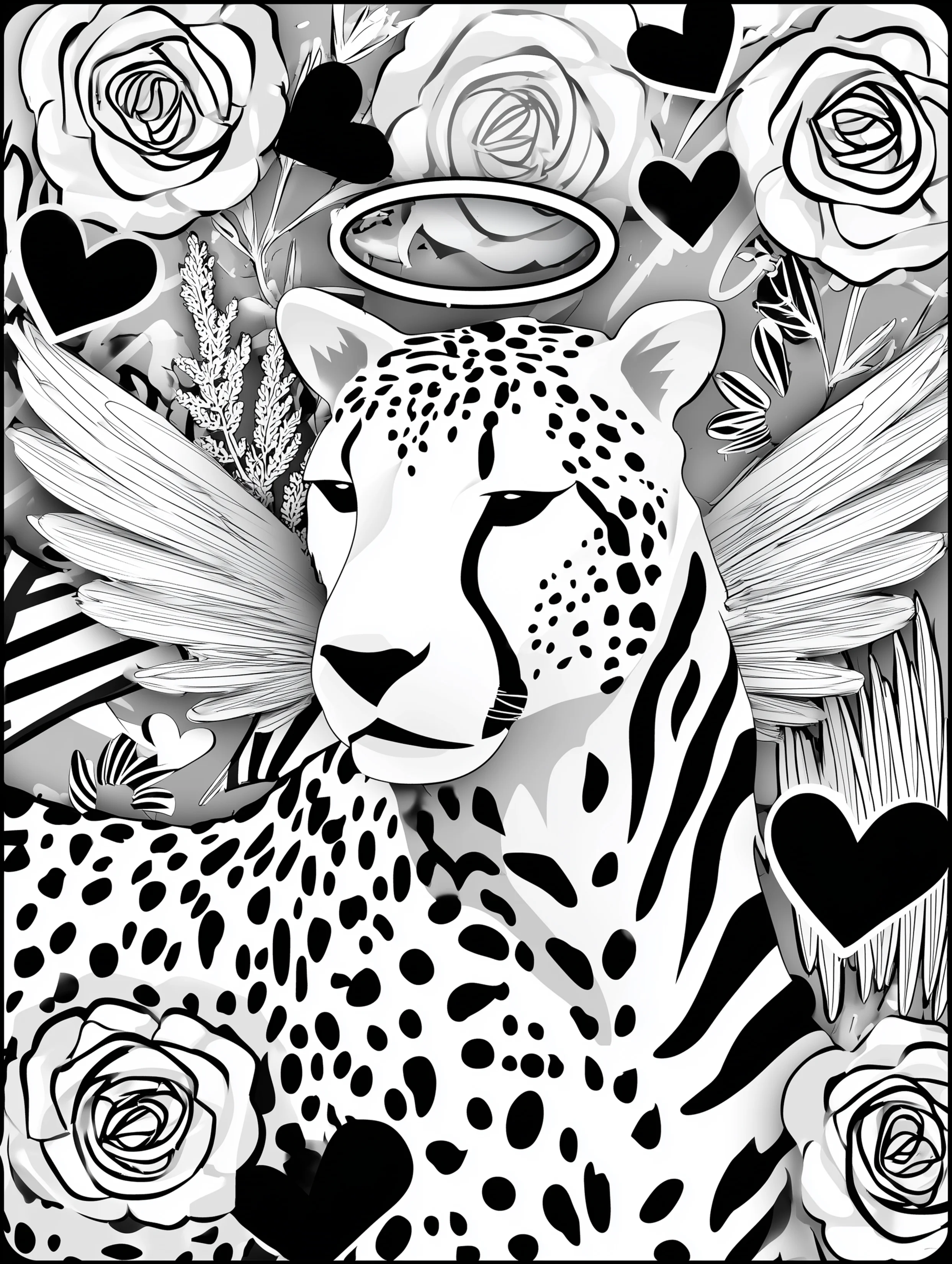 Free cheetah printable coloring page featuring an angelic cheetah